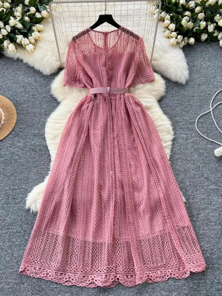 Summer French Retro Solid Round Neck Short Sleeved Hollow Out Lace Dress For Women Slim Elegant High Waist Party Evening Dresses