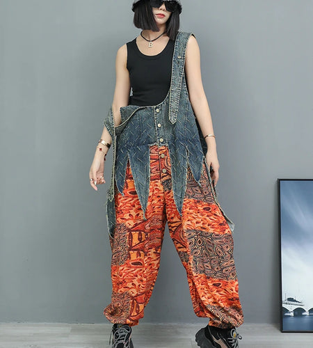 High Waist Blue Denim Irregular Printed Casual Overalls Jeans New Women Trousers Fashion Tide Spring Autumn 2025 1DJ1350