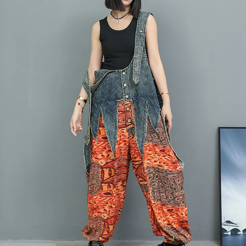 Load image into Gallery viewer, High Waist Blue Denim Irregular Printed Casual Overalls Jeans New Women Trousers Fashion Tide Spring Autumn 2025 1DJ1350
