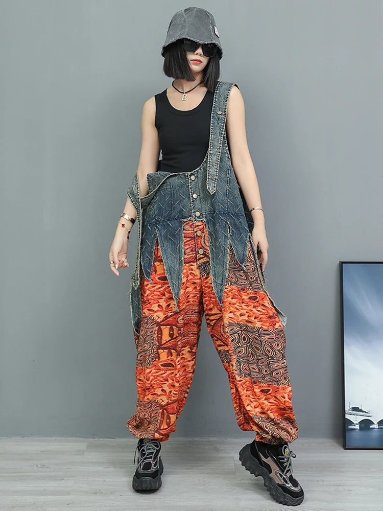 High Waist Blue Denim Irregular Printed Casual Overalls Jeans New Women Trousers Fashion Tide Spring Autumn 2025 1DJ1350