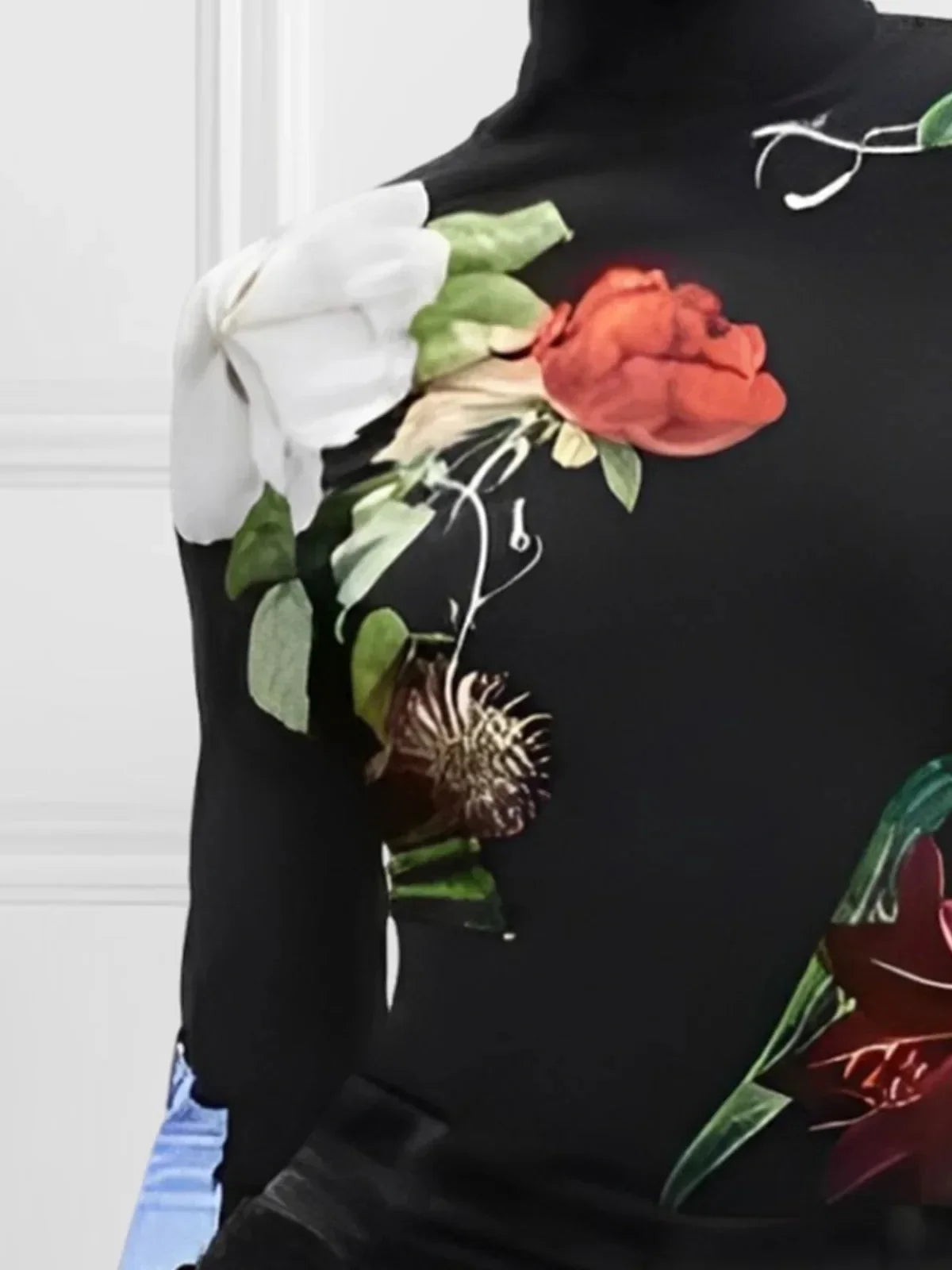 Autumn Winter Women's Vintage Pullover Tops Long Sleeves Skinny Floral Printed Split-Joint High Neck Trendy T-shirts for Woman