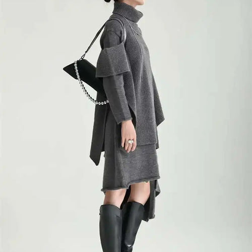 Load image into Gallery viewer, Women Gray Irregular Design Knitting Dress New Turtleneck Long Sleeve Loose Fit Fashion Tide Spring Autumn 2025 1DF2618
