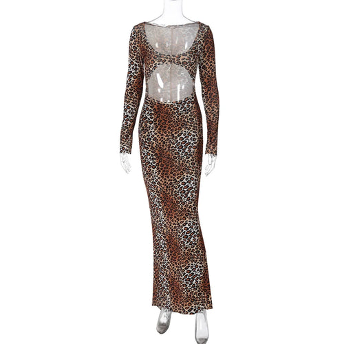 Load image into Gallery viewer, Leopard Print Long Sleeve Sexy Maxi Dress For Women Fashion Hollow Out Bodycon Printed Sexy Long Dress Elegant
