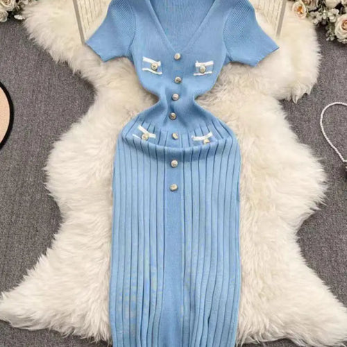 Load image into Gallery viewer, French Fashion Women's Solid V Neck Elegant Slim Short Sleeved Dress Summer Single Breasted Office Lady Knitted Dress Simplicity
