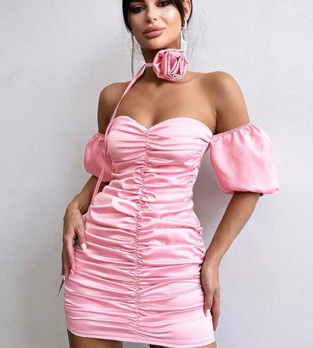Sexy Sleeveless Satin Pleated Dress For Women's Summer 2024 New Floral Strapless Slim Fitting Dress Party Evening Dress