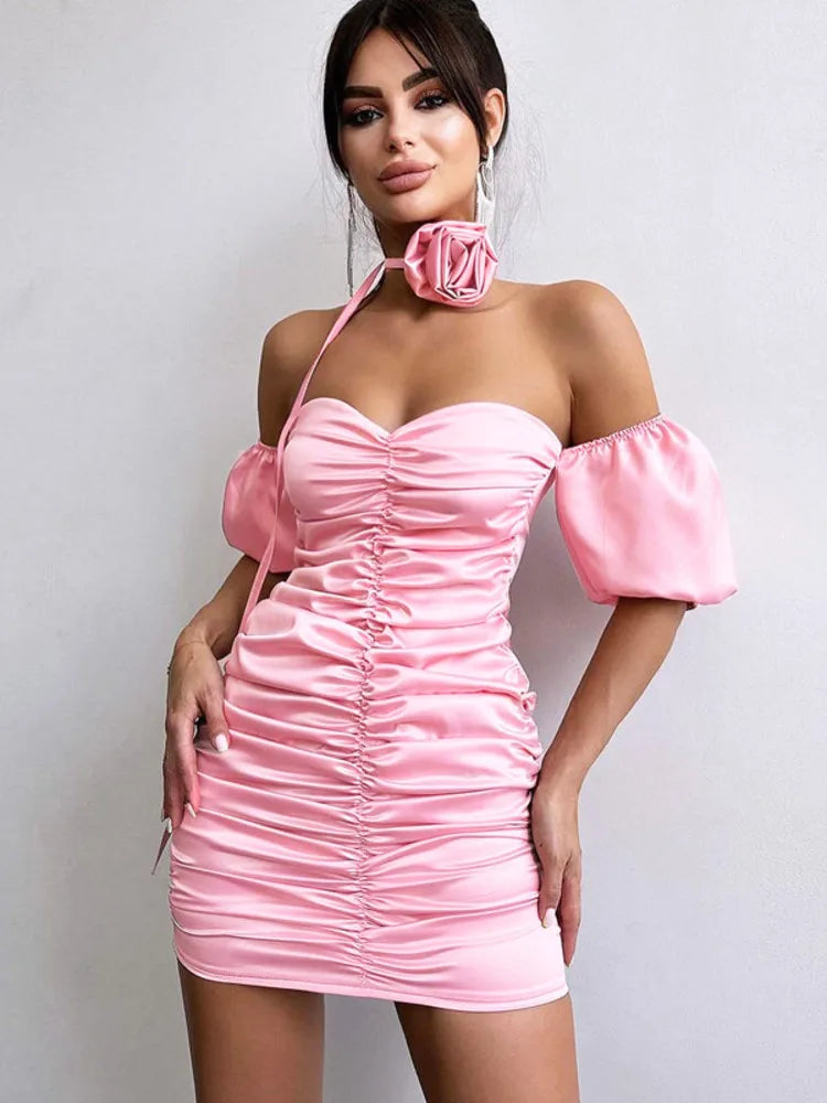 Sexy Sleeveless Satin Pleated Dress For Women's Summer 2024 New Floral Strapless Slim Fitting Dress Party Evening Dress