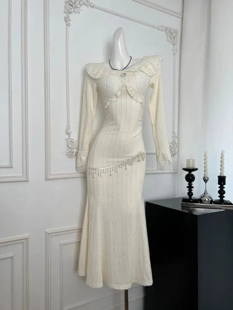 French Retro Women Beige Lace Long Sleeved Tassels Festival Party Dress Autumn Winter Black Slim Ruffles Package Hip Dress Trend