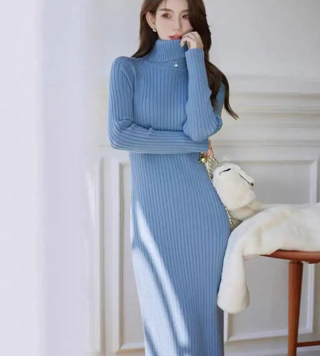 Autumn Winter White Sweater Dresses Fashion Female Black Long Sleeve Skinny Casual Blue Turtleneck Kintted Wrap Hip Dress Women