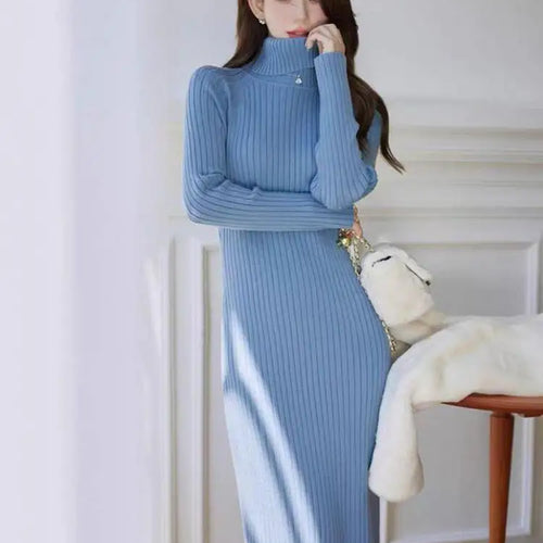Load image into Gallery viewer, Autumn Winter White Sweater Dresses Fashion Female Black Long Sleeve Skinny Casual Blue Turtleneck Kintted Wrap Hip Dress Women
