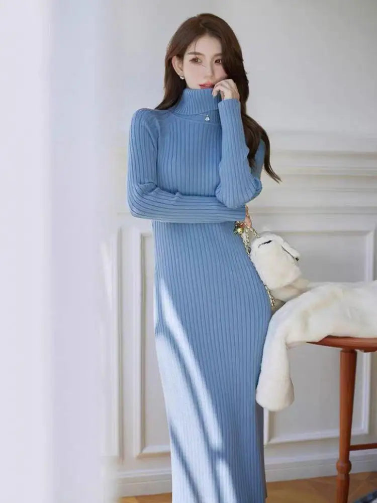 Autumn Winter White Sweater Dresses Fashion Female Black Long Sleeve Skinny Casual Blue Turtleneck Kintted Wrap Hip Dress Women
