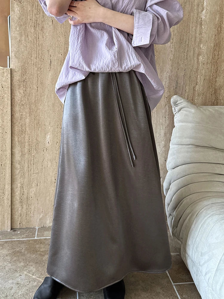 High Elastic Waist Black Satin Drawstring Elegant Half-body Skirt Women Fashion Tide New Spring Autumn 2025 1DJ0193