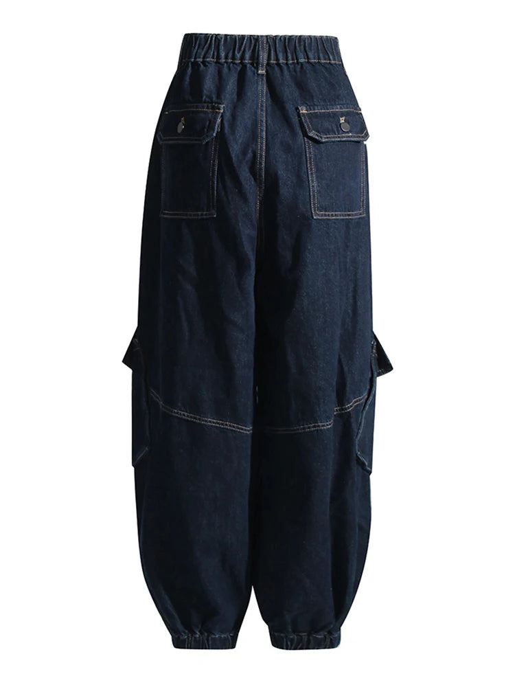 DeepBlue Denim Pants For Women High Waist Spliced Pockets Wide Leg Bloomers Trousers Female Summer Clothes