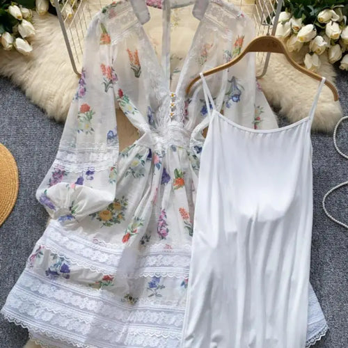 Load image into Gallery viewer, French Retro Women Black White Print Lace Patchwork Elegant Slim Long Sleeve Short Dress And Slip Dresses New Spring Autumn Boho
