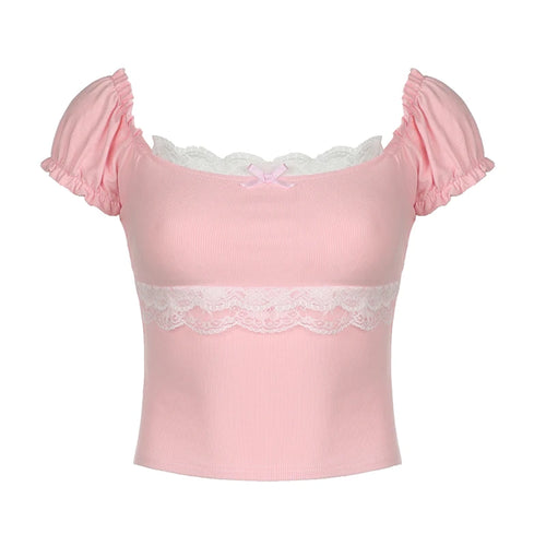 Load image into Gallery viewer, Hotsweet Bow Lace Trim Pink T-shirts for Women Ruched Korean Fashion Crop Top Coquette Clothes Kawaii Tees Slim Short
