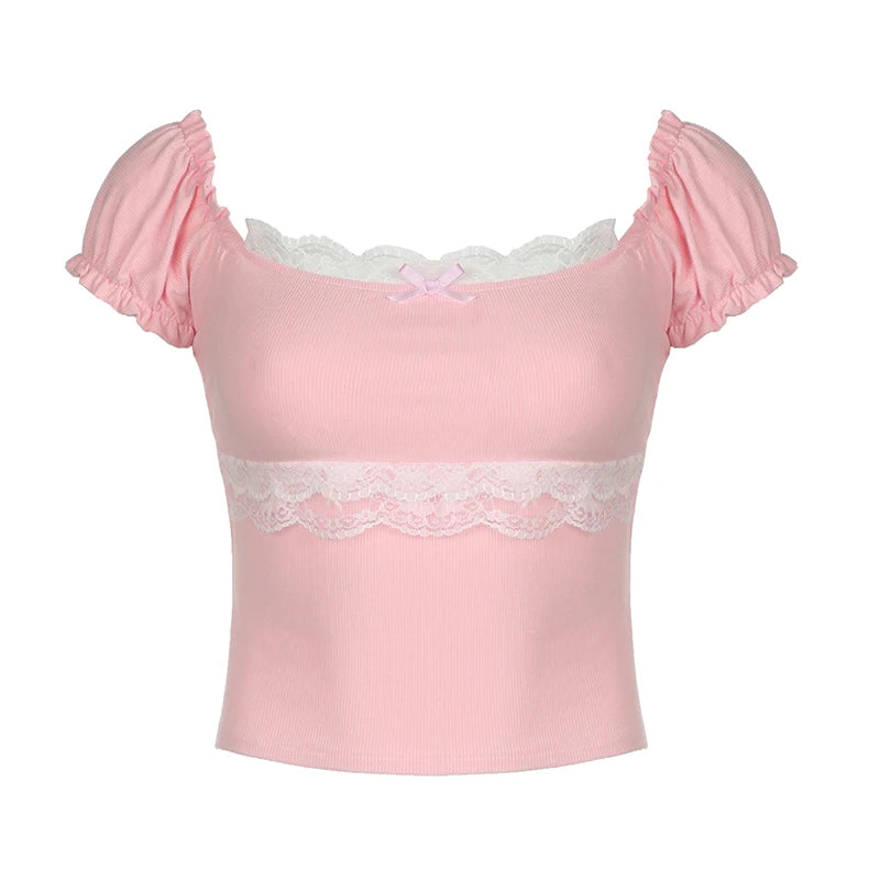 Hotsweet Bow Lace Trim Pink T-shirts for Women Ruched Korean Fashion Crop Top Coquette Clothes Kawaii Tees Slim Short