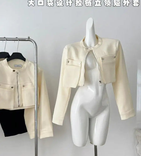 Korean Women Beige Long Sleeve Zipper Cardigans Coat 2024 Autumn Winter Black Elegant Round Neck Short Jacket Casual Simple Chic