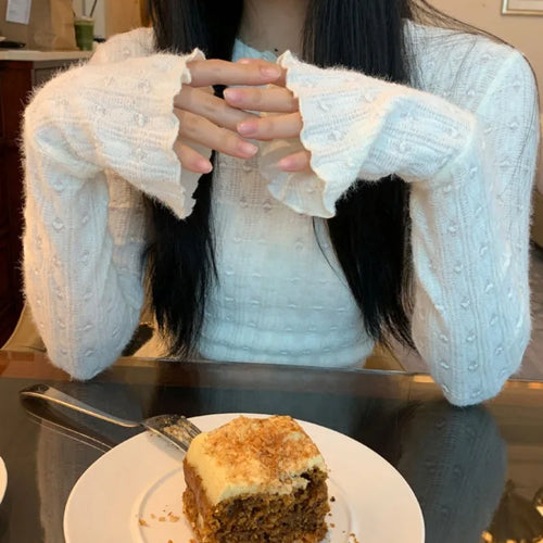 Load image into Gallery viewer, Y2k Aesthetic Hollow Out Bow T-shirts Fairy Grunge Embroidery Knitted Slim Fit Streetwear Crop Tops Women Harajuku Ruffled Tee
