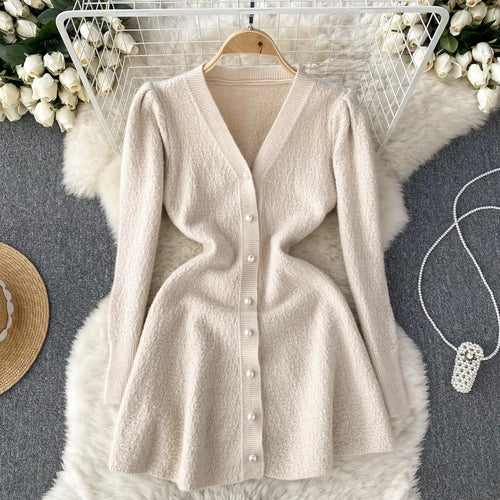 Load image into Gallery viewer, French Fashion Women Solid Single Breasted Elegant V Neck Short Dress Autumn Winter Long Sleeves Knitted Sweater Mini Dress Chic
