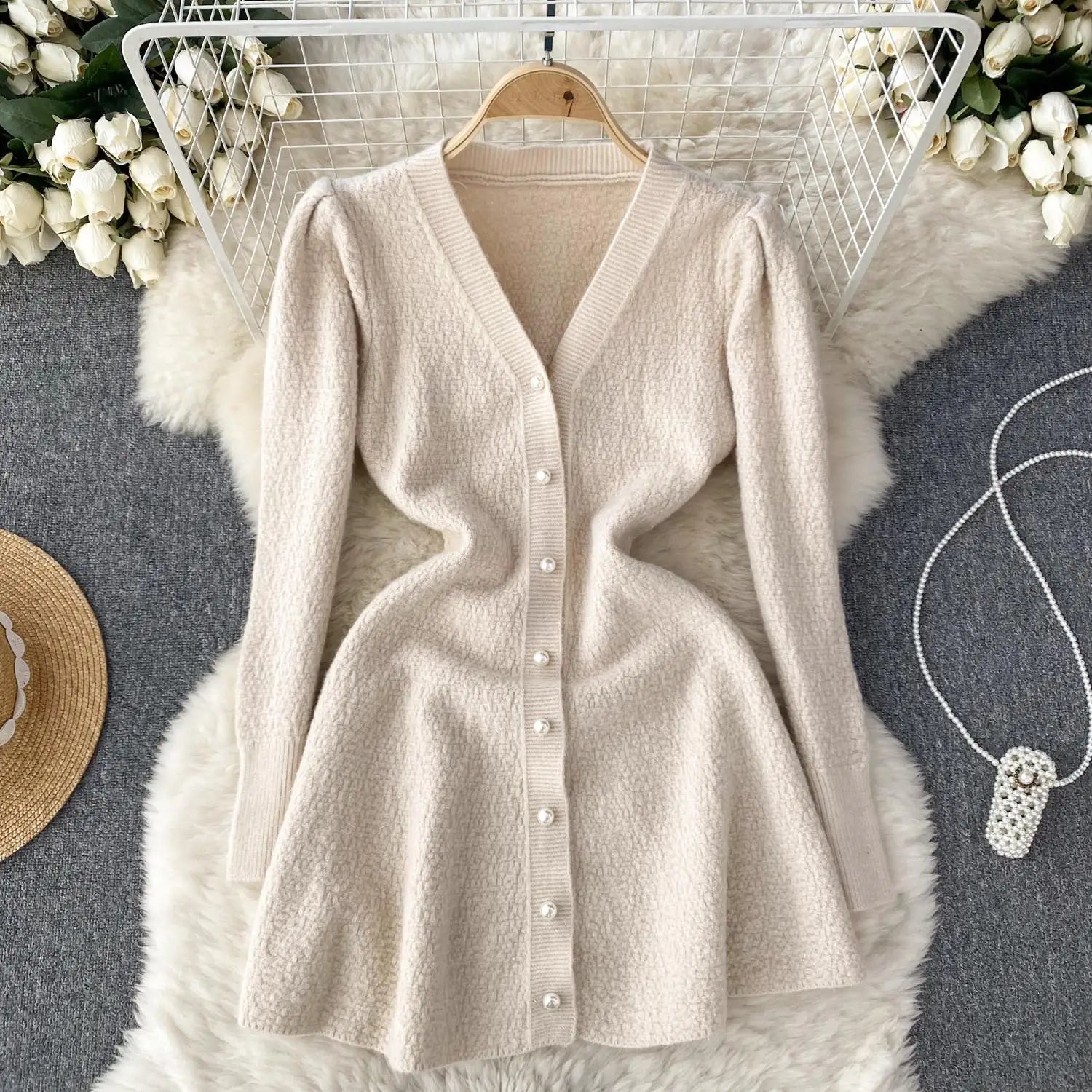 French Fashion Women Solid Single Breasted Elegant V Neck Short Dress Autumn Winter Long Sleeves Knitted Sweater Mini Dress Chic
