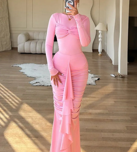 Elegant Long Sleeved Elastic Tight Pleated Party Club Evening Dress Women Fashion Maxi Vestido Autumn Winter New Female