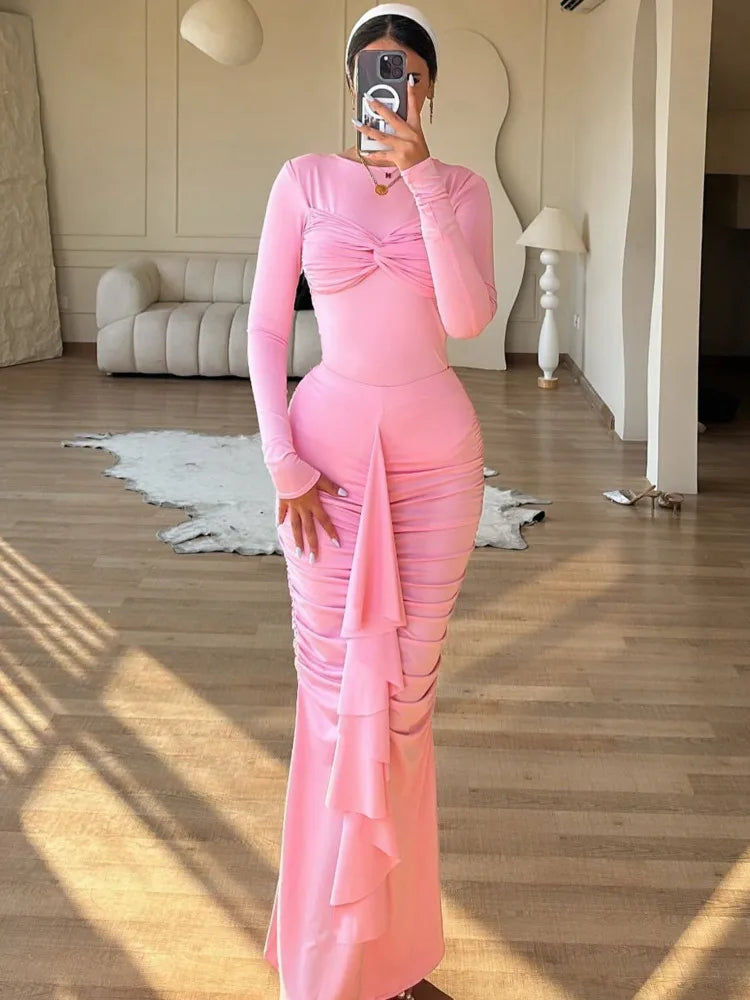 Elegant Long Sleeved Elastic Tight Pleated Party Club Evening Dress Women Fashion Maxi Vestido Autumn Winter New Female