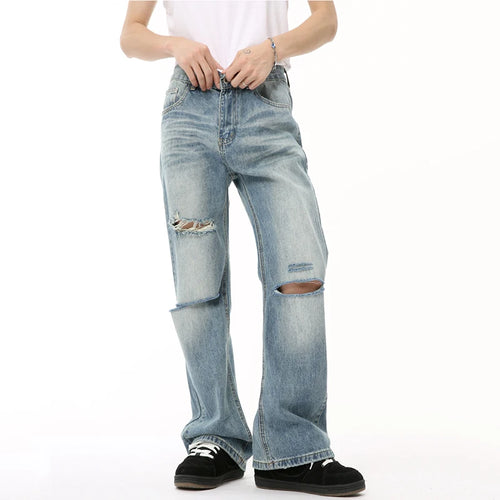 Load image into Gallery viewer, American Style Men&#39;s Denim Pants Casual Worn-out Hole Wide Leg Menwear Straight Solid Color Male Bottom Chic 9C6608
