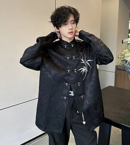 Loose Male Shirts Solid Color Single Breasted New Chinese Embroidered Bamboo Leaf Shirt Spring Summer Men's Top 9W1345