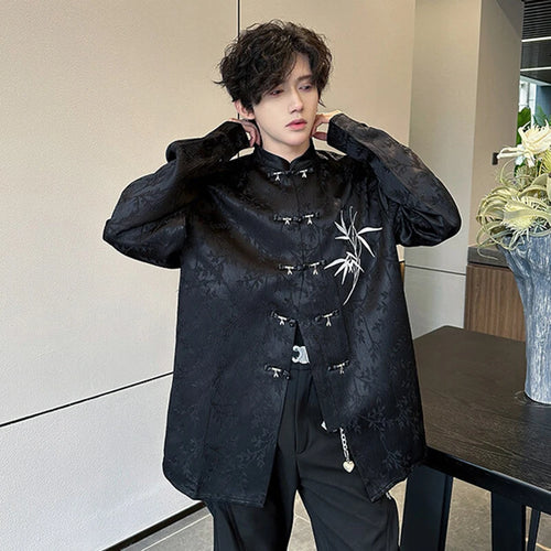 Load image into Gallery viewer, Loose Male Shirts Solid Color Single Breasted New Chinese Embroidered Bamboo Leaf Shirt Spring Summer Men's Top 9W1345
