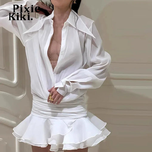 Load image into Gallery viewer, Transparent Mesh Shirt White Dresses Women Elegant Long Sleeve Ruffled Short Dress Holiday Outfits for Women C71-FG16
