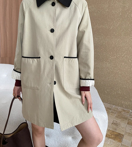 Women Khaki Color-block Big Size Casual Trench New Lapel Long Sleeve Windbreaker Fashion Tide Spring Autumn 2025 1DH7514
