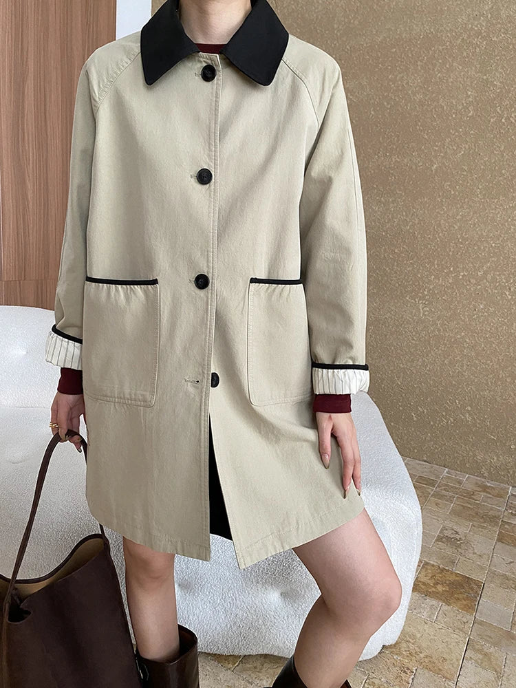 Women Khaki Color-block Big Size Casual Trench New Lapel Long Sleeve Windbreaker Fashion Tide Spring Autumn 2025 1DH7514