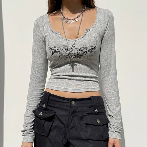Load image into Gallery viewer, Vintage Printed Grey Long Sleeve T shirt Autumn Y2K Aesthetic 2000s Slim Female Tees Basic Korean Cropped Top Outfits

