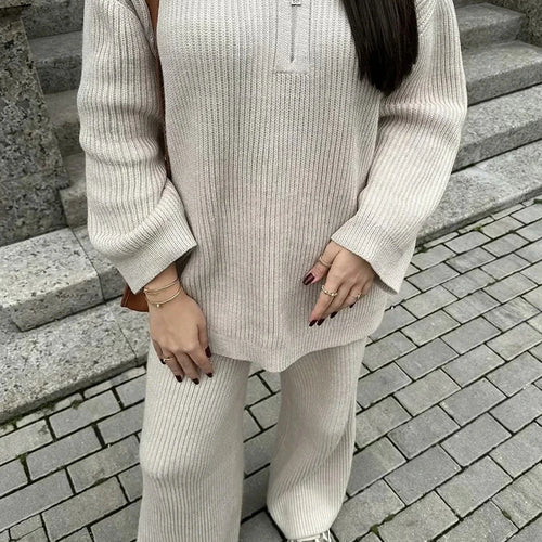 Load image into Gallery viewer, Solid Casual Two Piece Sets For Women Lapel Long Sleeve Sweater High Waist Pants Minimalist Loose Knitting Set Female
