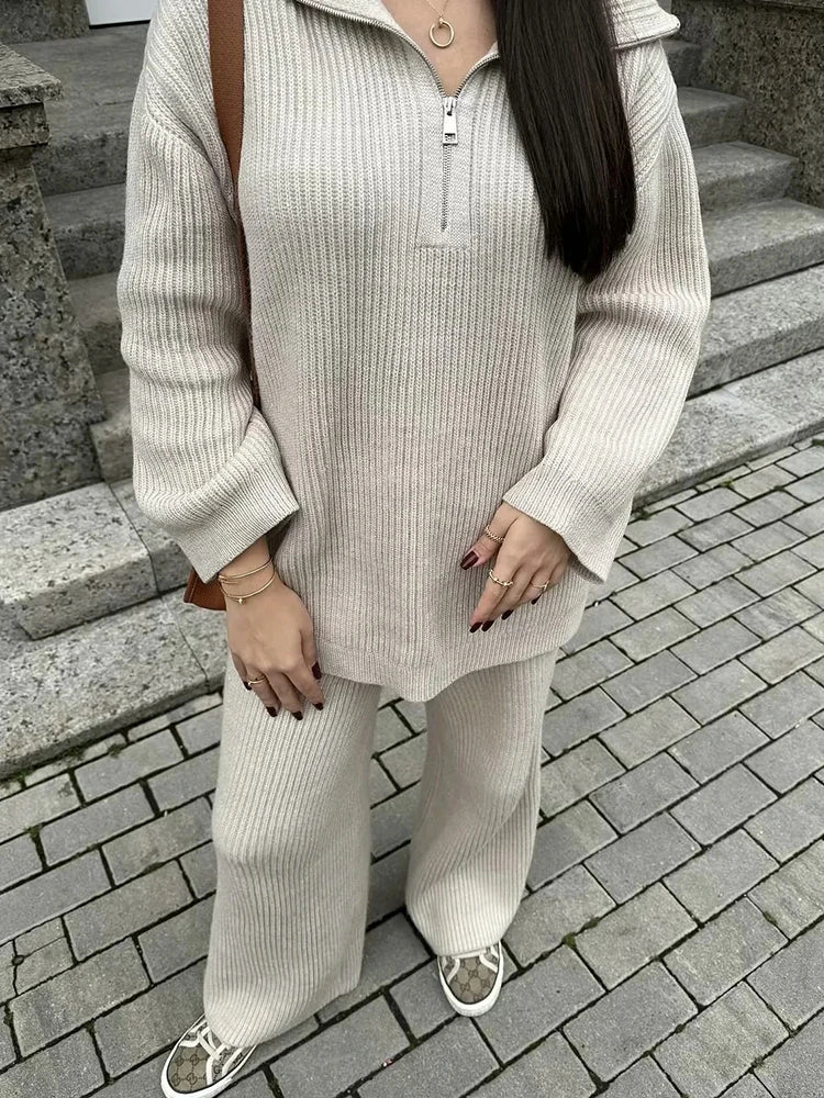 Solid Casual Two Piece Sets For Women Lapel Long Sleeve Sweater High Waist Pants Minimalist Loose Knitting Set Female