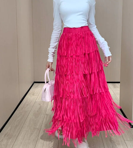 Autumn Vintage Elegant Party Wrapped Hip Cake Skirt For Women Elastic High Waist Tassel Long Skirts Female High Street Y2k Trend