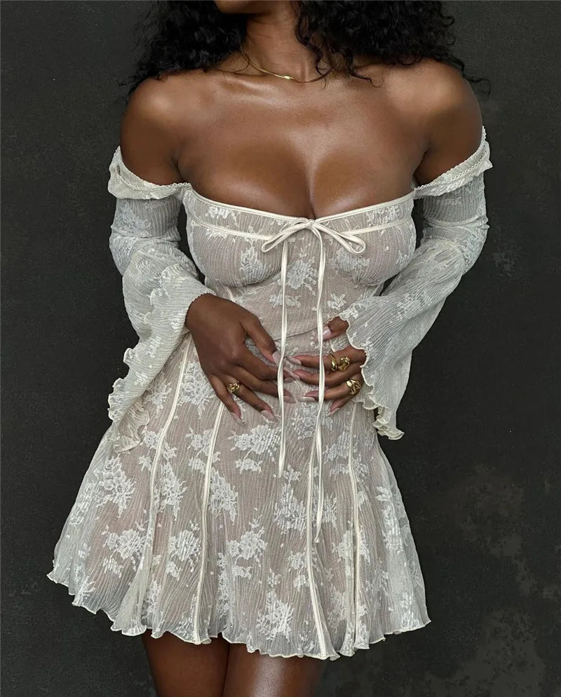 Elegant Print Mini Dress For Women Autumn Winter New Square Collar Long Sleeve Backless Loose Club Party Sexy Dress