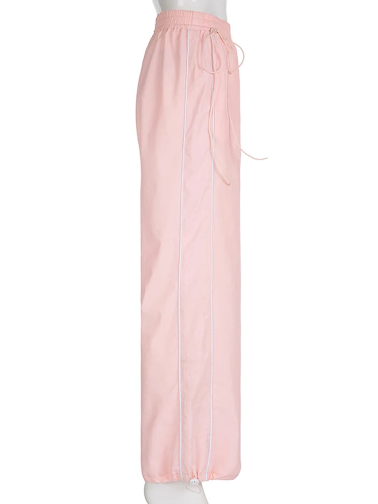 Casual Korean Stripe Pink Baggy Trousers Female Drawstring Elastic Waist Sporty Sweatpants Joggers Street Style Tech