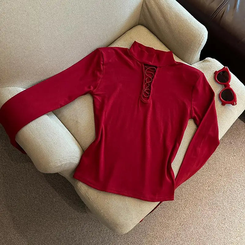Autumn Winter Elegant Half High Collar Hollow Out Short T Shirt Women New Long Sleeved Slim Tops 2024 Korean Simplicity Clothing