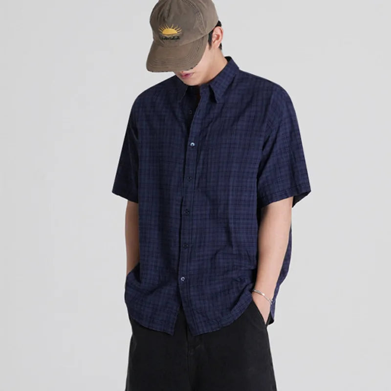 Men's Plaid Short Sleeve Shirts New Summer Single Breasted Korean Handsome Turn-down Collar Trendy Male Clothing 9W1633