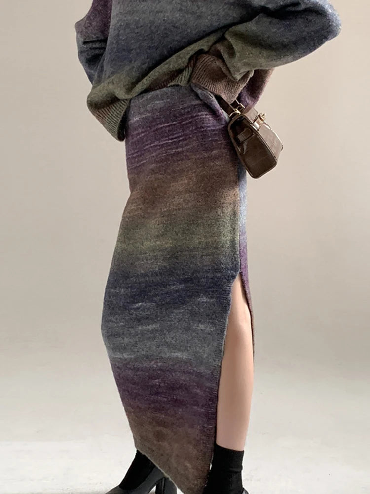 Hit Color Elegant Skirts For Women High Waist Split Patchwork Folds Temperament Skirt Female Fashion Clothing