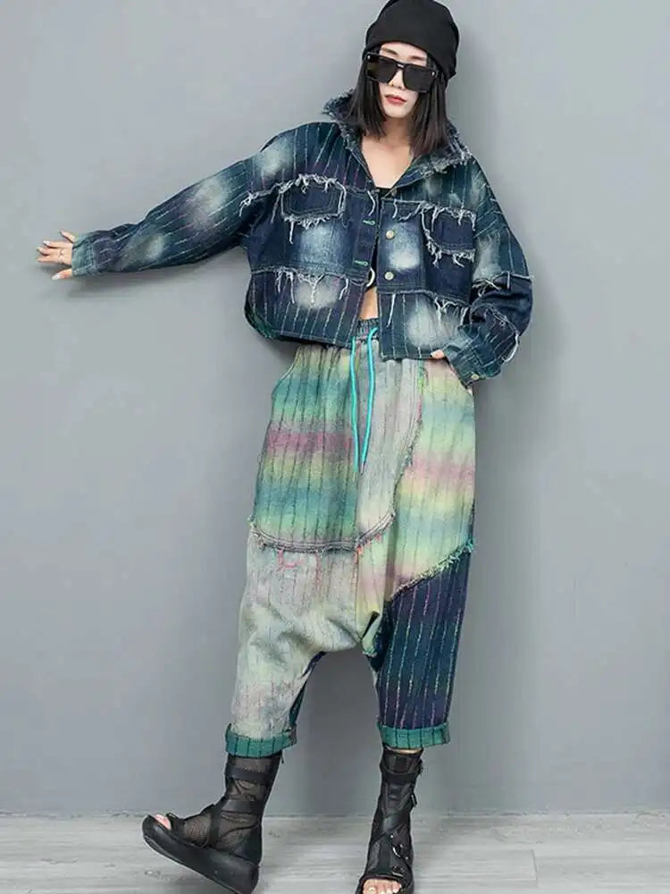 Big Size Denim Jacket Wide Leg Pants Two Piece Suit New Lapel Long Sleeve Women Fashion Tide Spring Autumn 2025 1DH6431