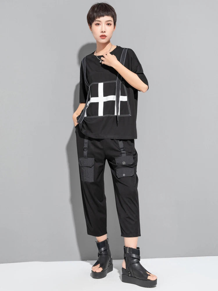 Women Black Color-block Ribbons Big Size T-shirt New Round Neck Short Sleeve Fashion Tide Spring Summer 2025 1DJ1808