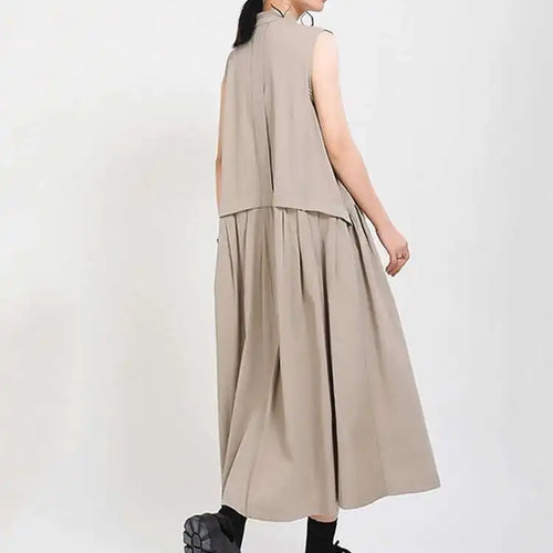 Load image into Gallery viewer, Women Khaki Split Pleated Long  Dress New Stand Collar Sleeveless Loose Fit Fashion Tide Spring Summer 2025 1Y353
