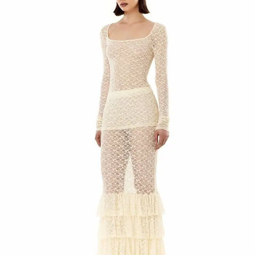 Load image into Gallery viewer, Elegant Long Sleeve Lace Long Skirt Set For Women Bodycon Ruffle Perspective Female Two Piece Set Sexy Holiday Beach
