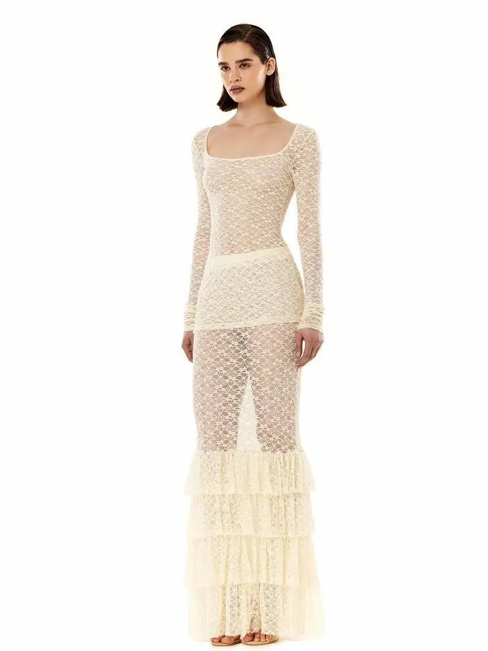 Elegant Long Sleeve Lace Long Skirt Set For Women Bodycon Ruffle Perspective Female Two Piece Set Sexy Holiday Beach