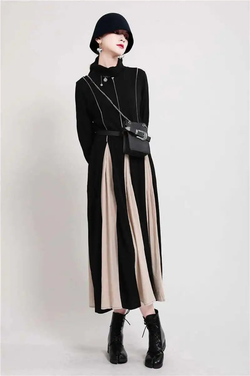 Women Black White Contrast Color Long Dress New Turtleneck Long Sleeve Loose Fit Fashion Tide Autumn Winter 2025  1DD2153