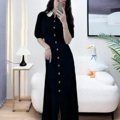 Load image into Gallery viewer, French Fashion Women Black Doll Collar Single Breasted Knitted Dress Spring Summer Red Elegant Short Sleeves Holiday Long Dress
