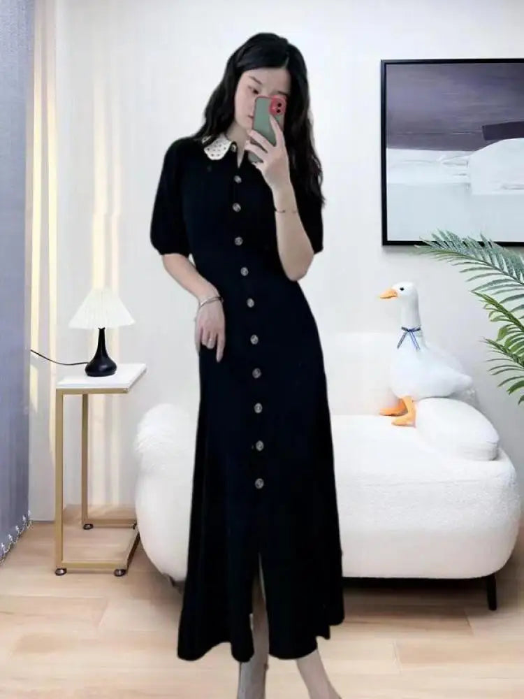 French Fashion Women Black Doll Collar Single Breasted Knitted Dress Spring Summer Red Elegant Short Sleeves Holiday Long Dress