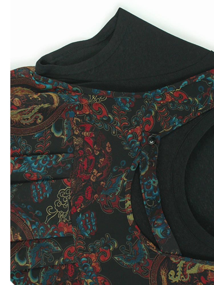 Women Black Pattern Printed Big Size Midi Dress New Round Neck Short Sleeve Fashion Tide Spring Summer 2025 1DJ0298