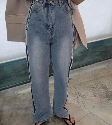 Straight Jeans Women All-match Korean Style Denim Mopping Trousers Vintage Blue Patchwork High Waist Autumn Street Casual Trend